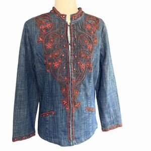Chico's Women's Denim Jacket Size 2 Large Beaded Designs Coastal Cowgirl Western